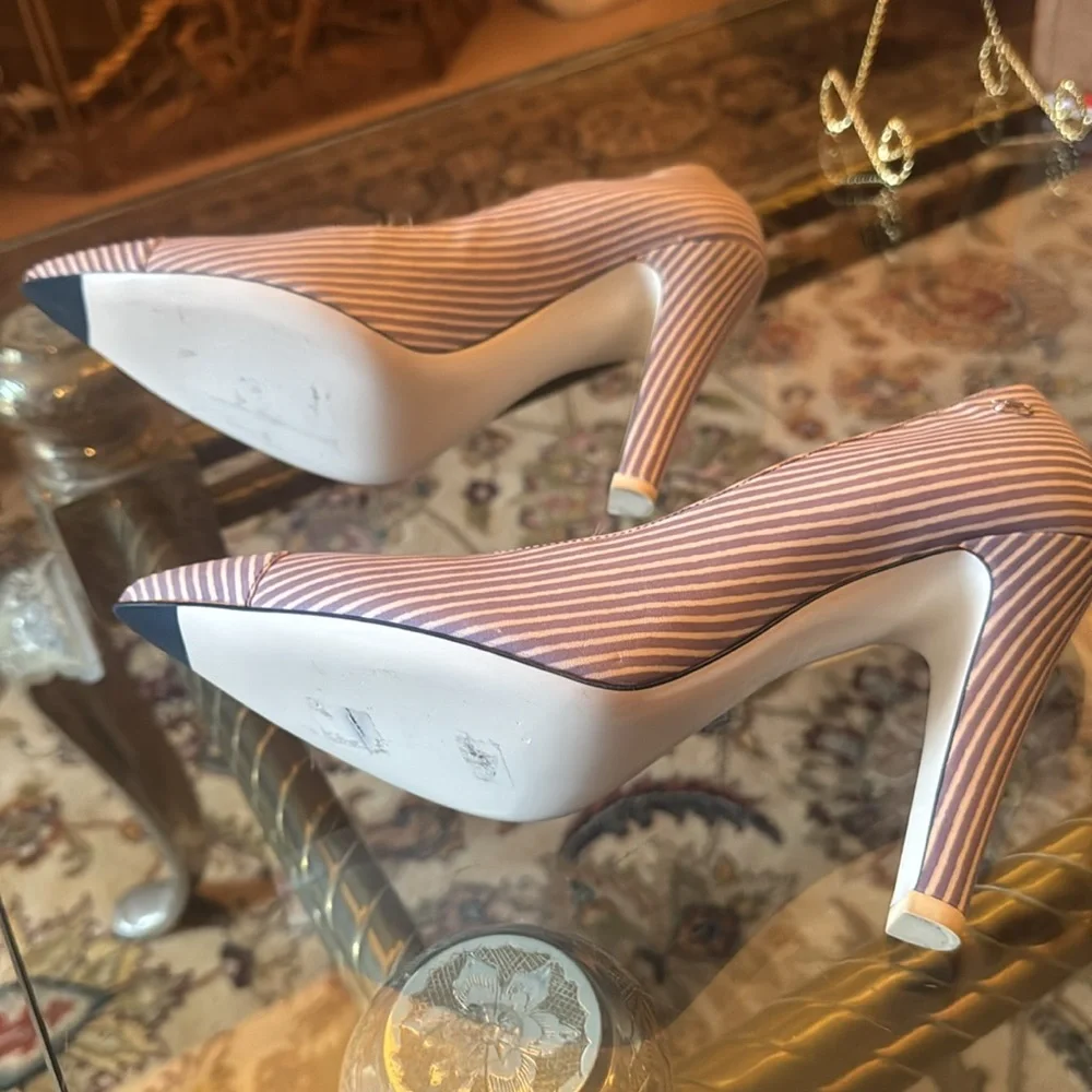 CHANEL blue and White Striped 5” Heels